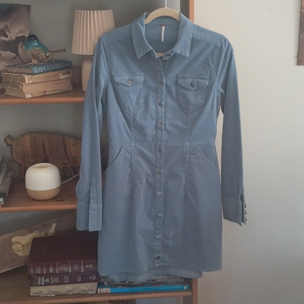 Free People Long Sleeve Blue Cordaroy Dress